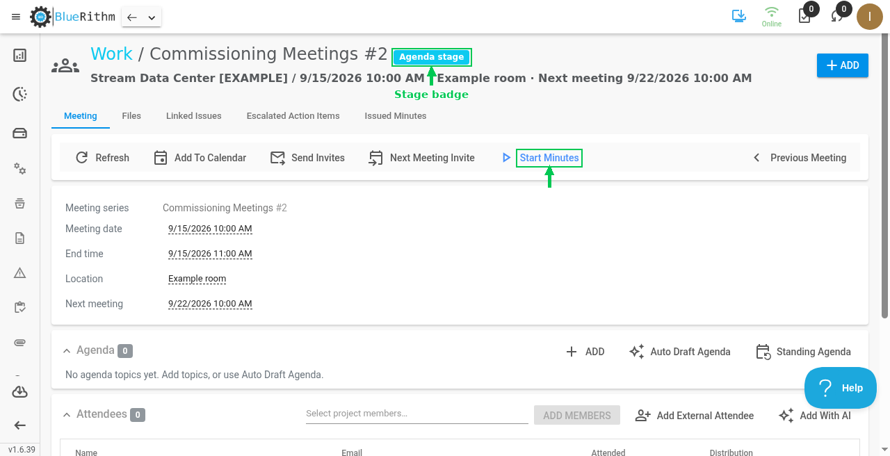 Agenda stage badge and Start Minutes