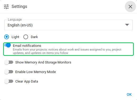 Settings dialog with the Email notifications switch