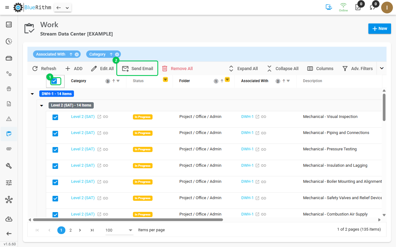 Work page with rows selected and Send Email in the toolbar