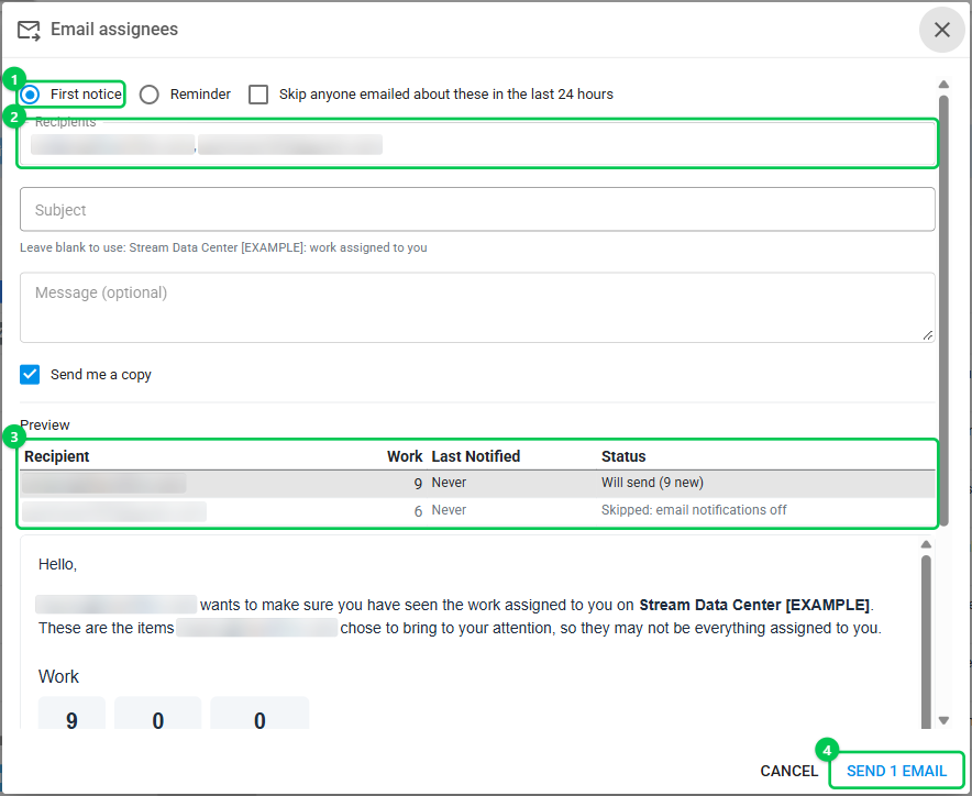 Email assignees dialog with recipients and preview