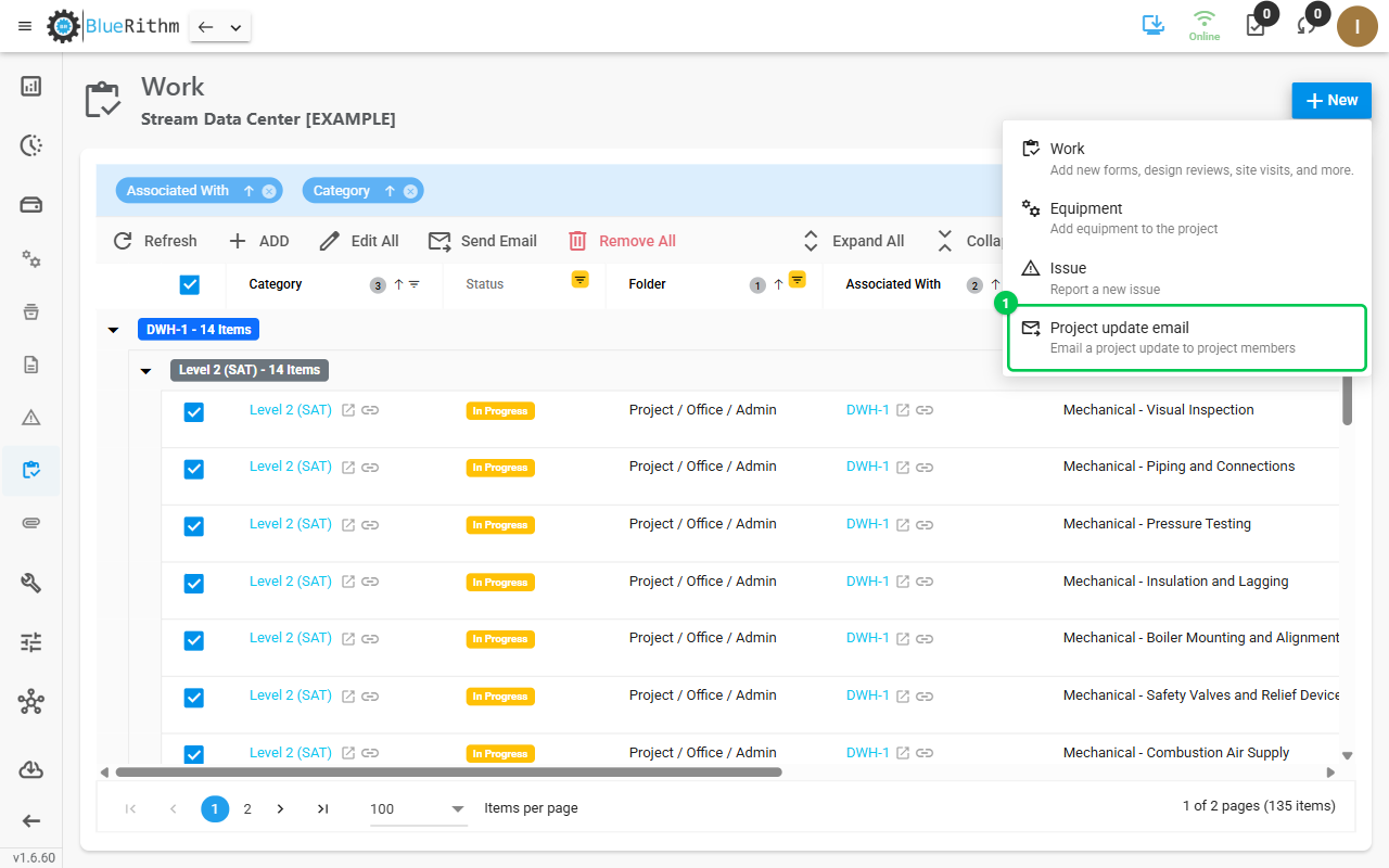 New menu with Project update email