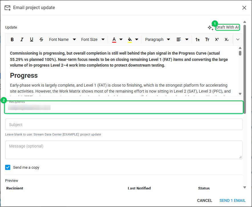 Email project update dialog with a drafted update