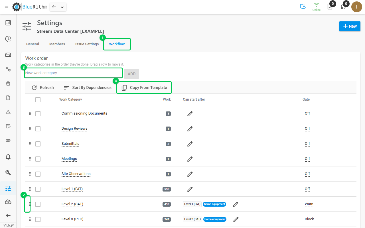 Settings, Workflow tab: the work order with its categories in order and the drag handle on each row