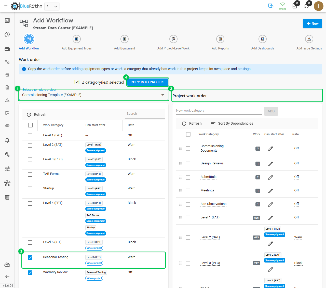 Project Setup, Add Workflow: a template's work order on the left with two categories ticked, the project's work order on the right, and Copy Into Project