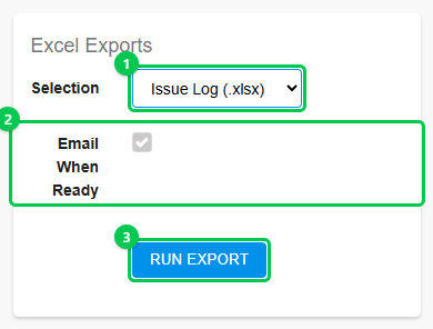 Excel Exports panel on the Reports page as a Privileged Guest sees it: Issue Log (.xlsx) chosen in Selection, Email When Ready ticked and greyed out, and the Run Export button