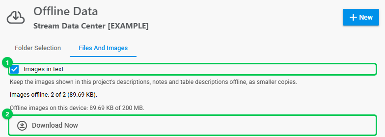 The Offline Data page, Files And Images tab, with Images in text ticked (marked 1), the count of images offline, and Download Now (marked 2)