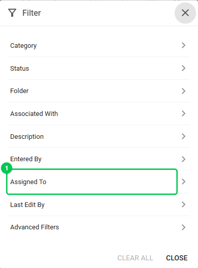 The Filter list on a phone with Assigned To (1)