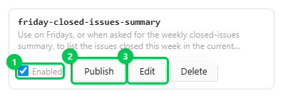 A personal skill in My skills with its Enabled box and Publish, Edit and Delete buttons