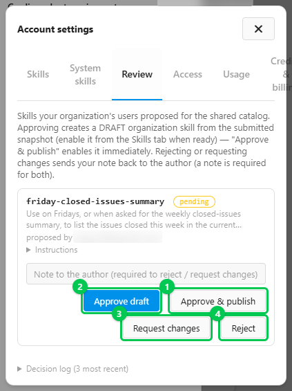 The Review tab of Account settings with a skill awaiting review and its Approve and publish, Approve draft, Request changes and Reject buttons