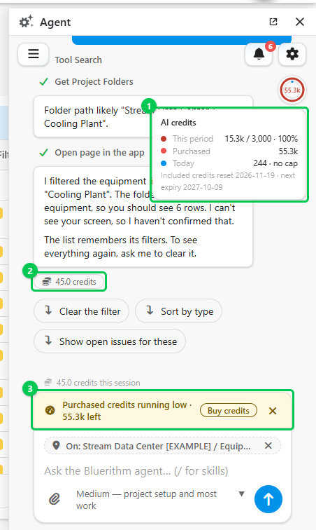 The AI credits summary in the agent, the credits a response used, and a banner saying purchased credits are running low