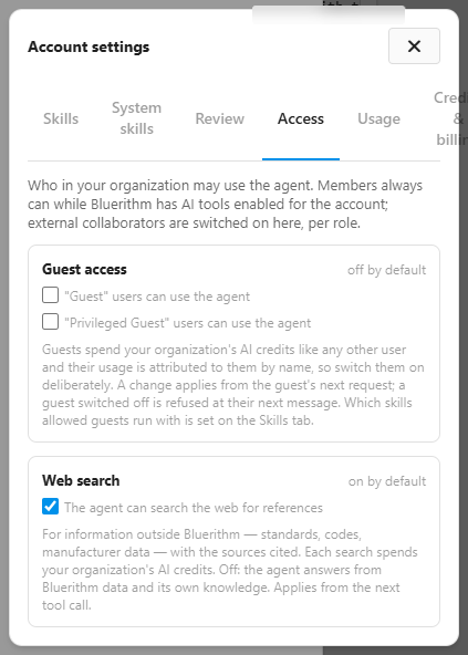 The Access tab of Account settings with the Guest access and Web search switches