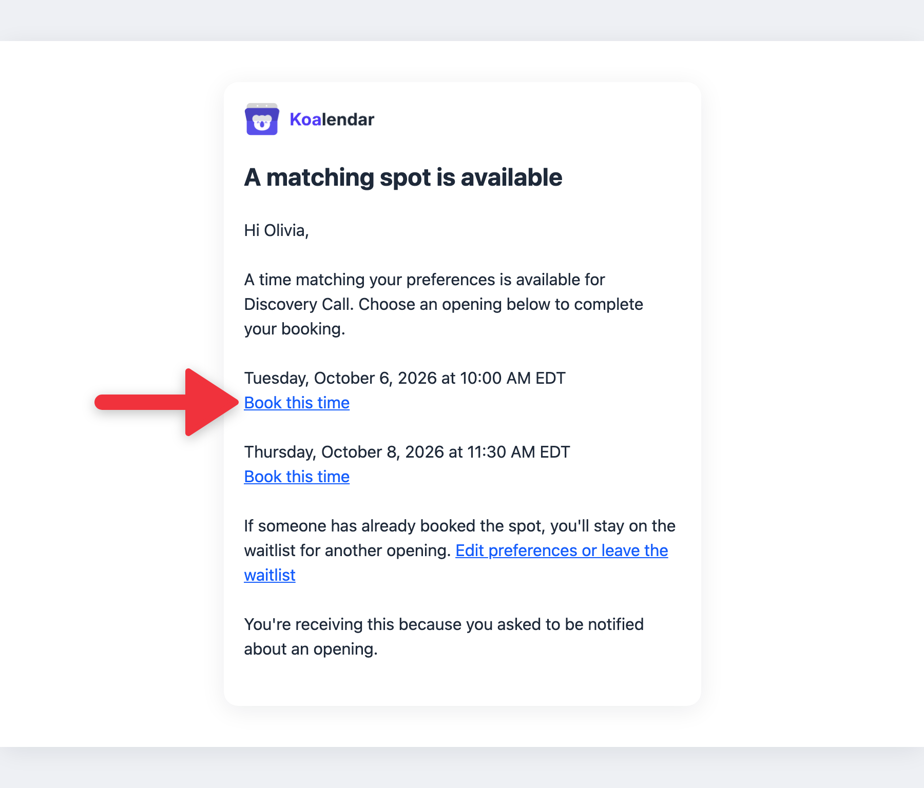 Email inviata a un visitatore quando si libera un posto corrispondente