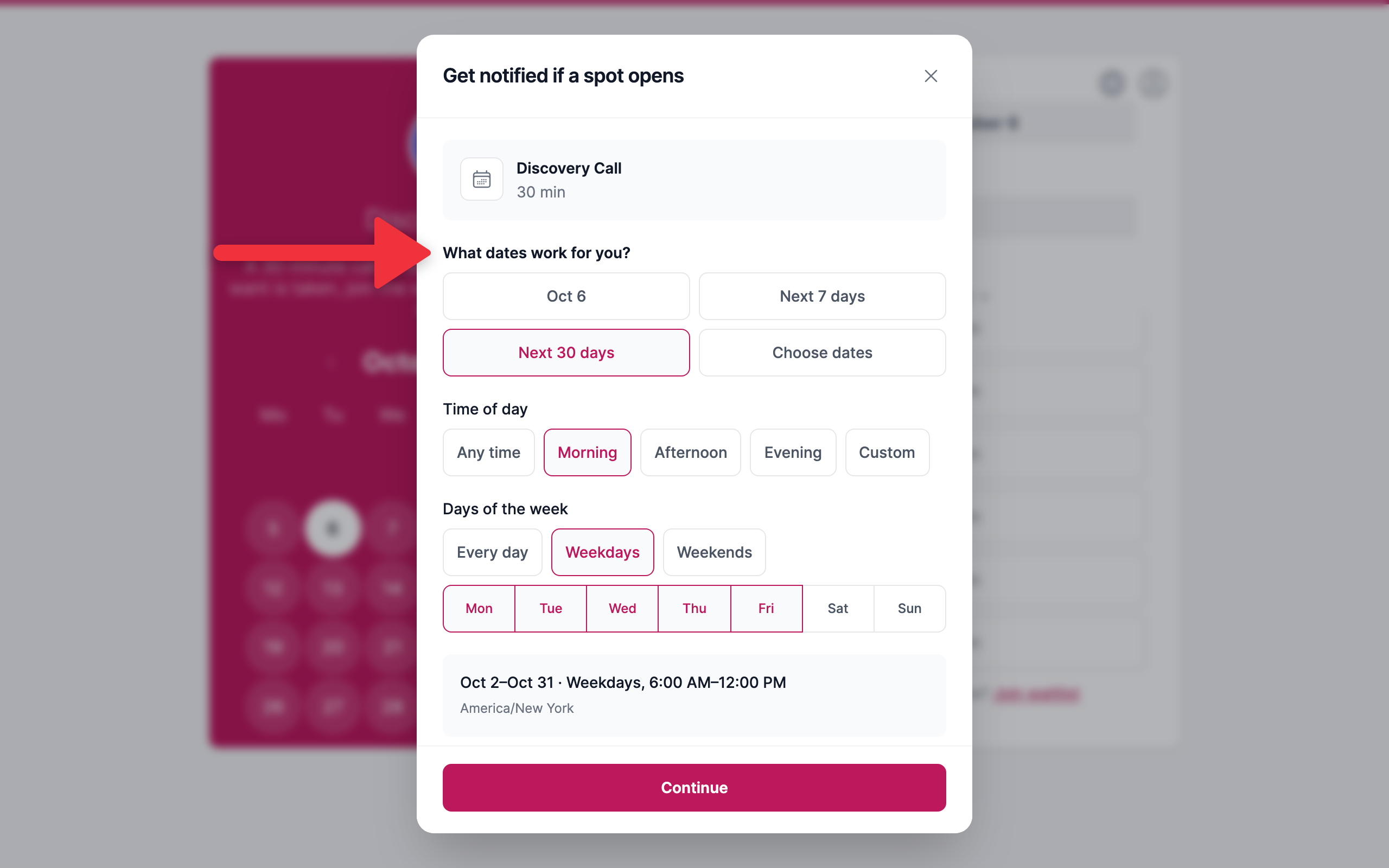 Modulo delle preferenze per la lista d'attesa mostrato ai visitatori