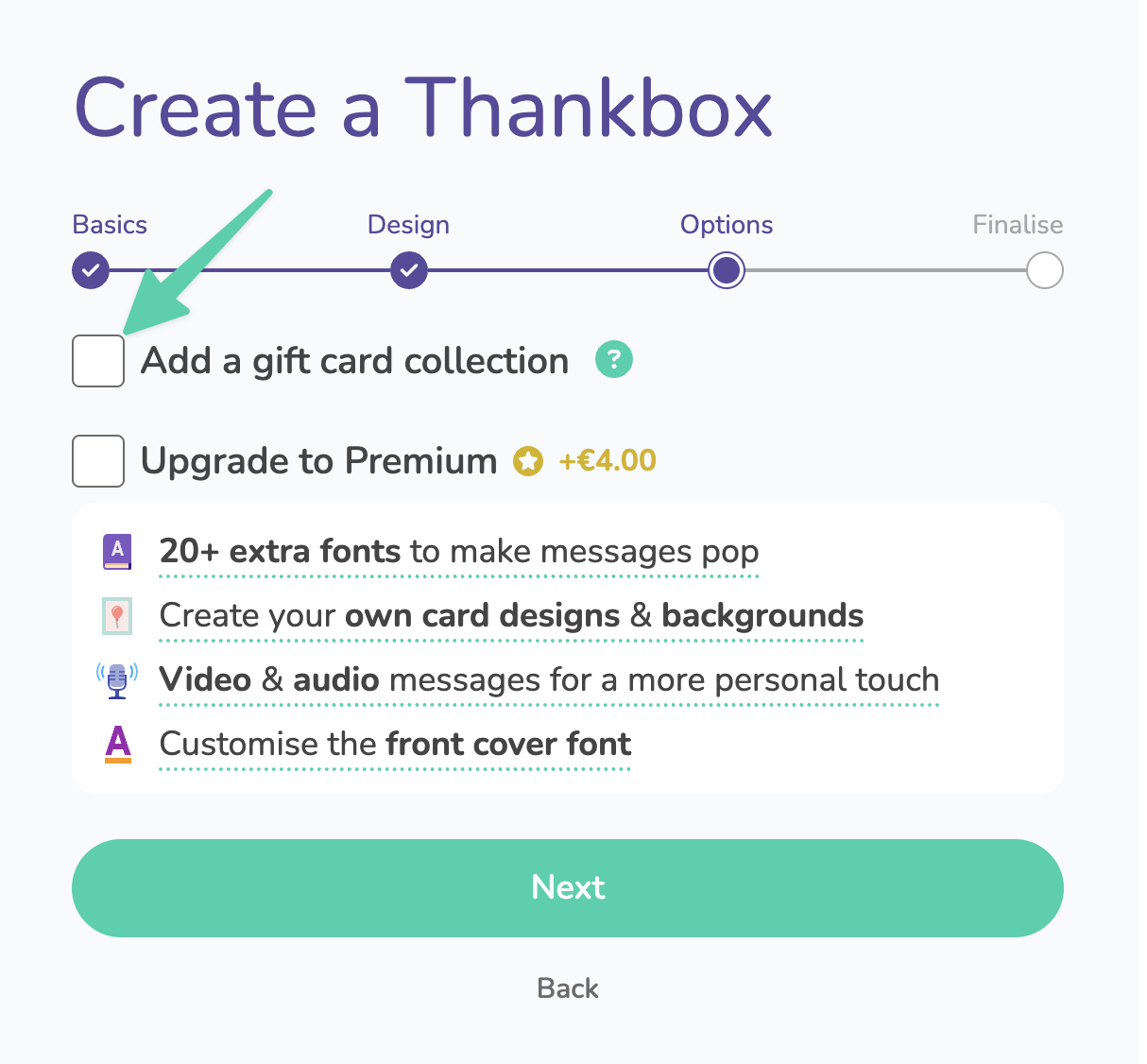 A screenshot showing where to find the checkbox for the gift card collection