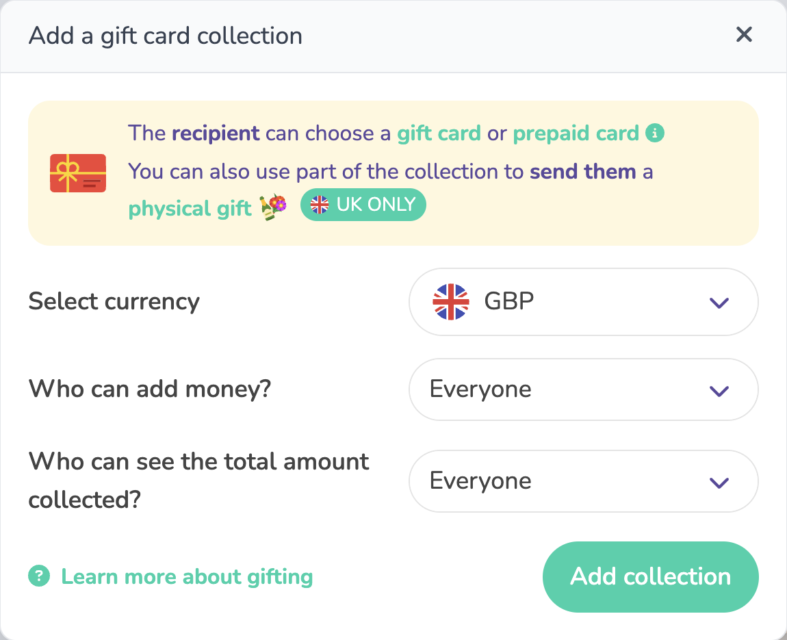 An image of the customisation options for the gift collection