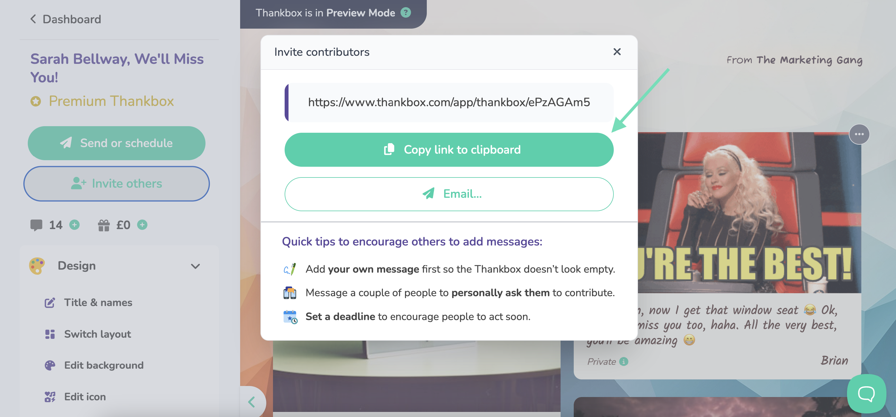 An image of the Thankbox management page showing where to find the invite link to your Thankbox.