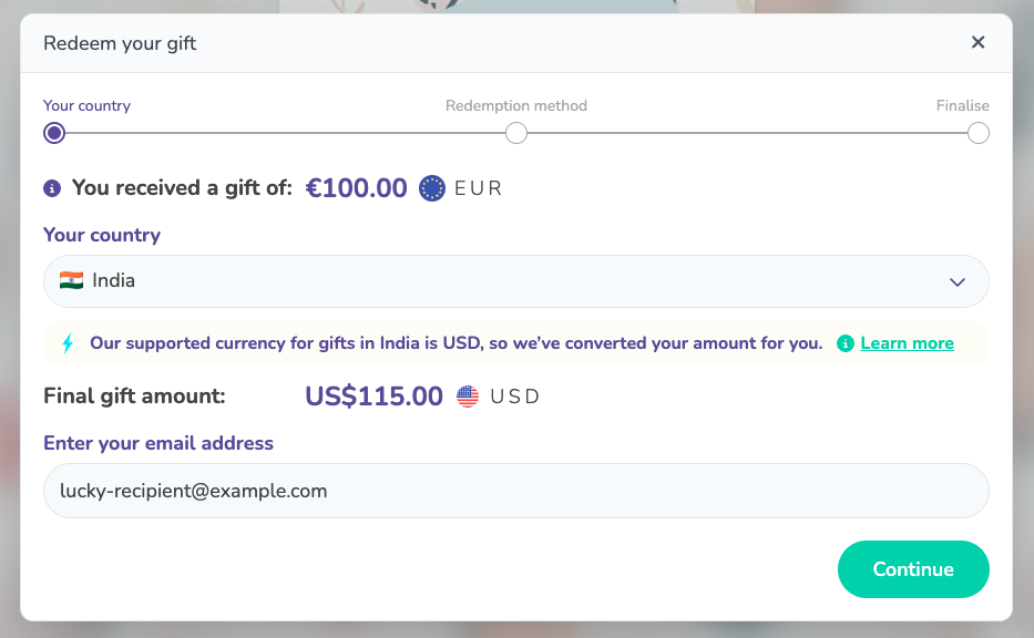 Example of a EUR collection being converted to USD