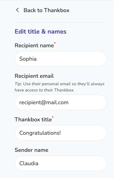Edit the title, names and recipient email on this screen