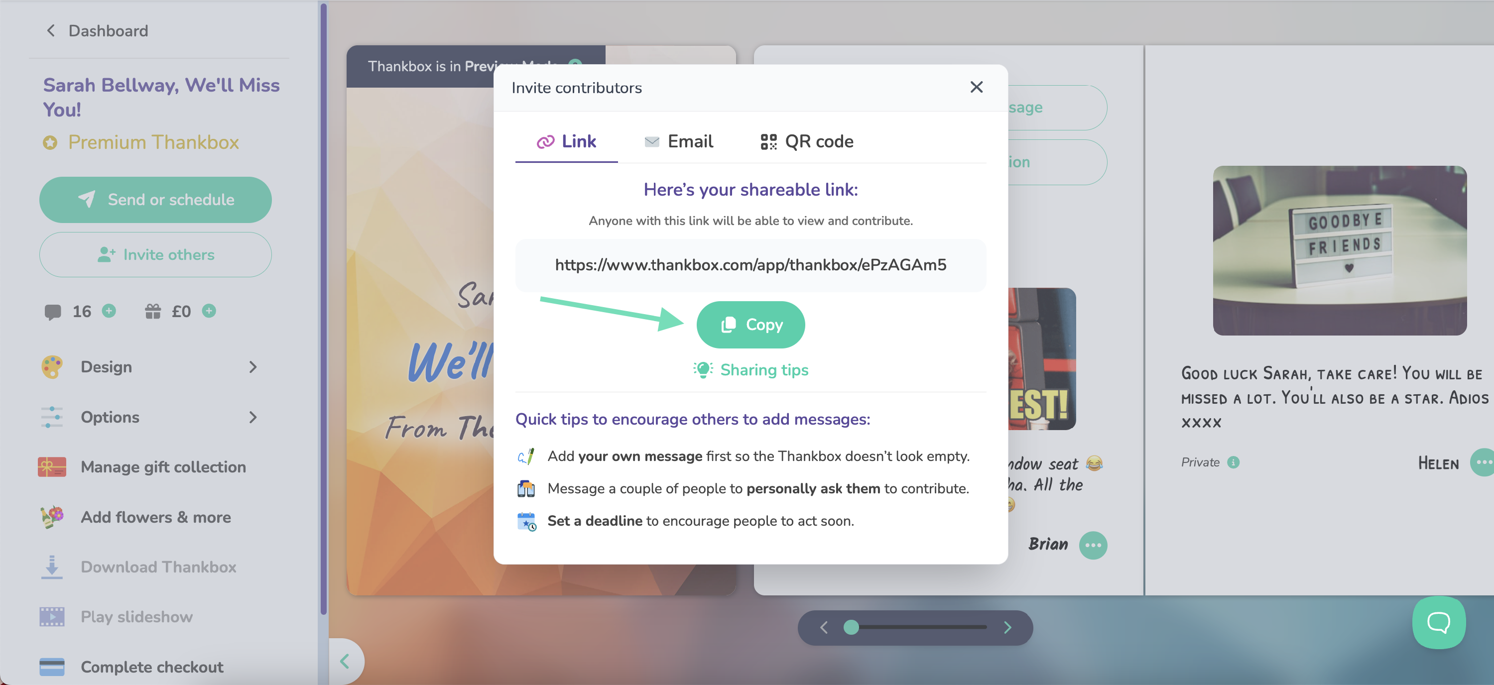 An image of the Thankbox management page showing where to find the invite link to your Thankbox.