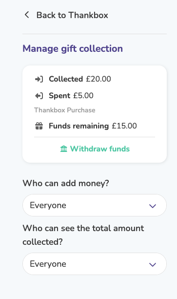 The Manage gift collection panel showing collected, spent and remaining funds
