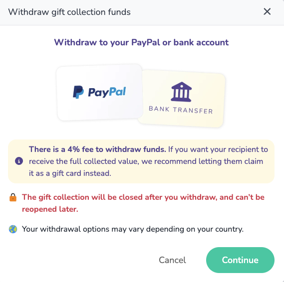 The withdrawal information screen with the 4% fee and closure notice