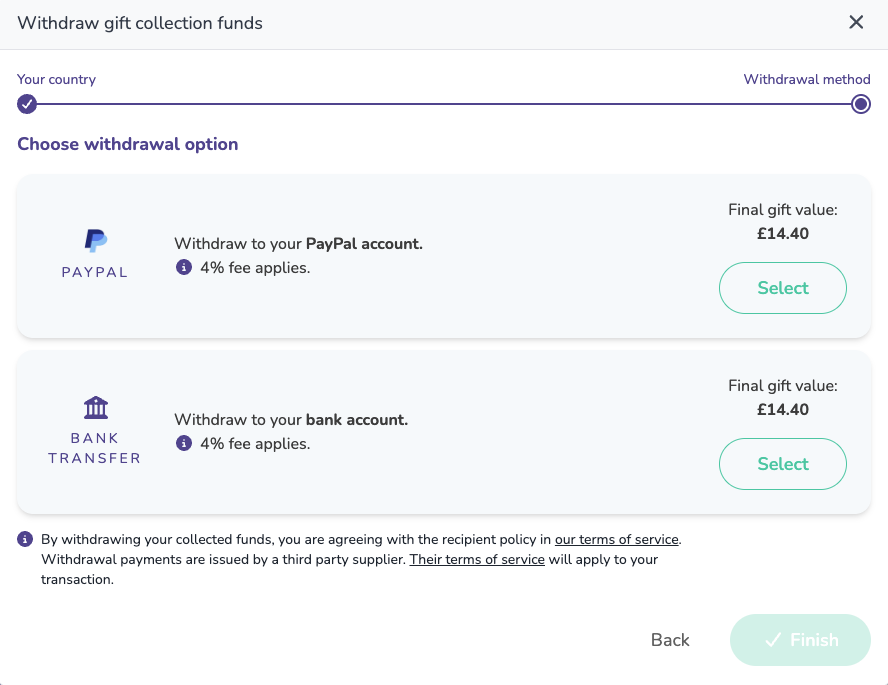 Choosing between PayPal and bank transfer, with the final gift value shown