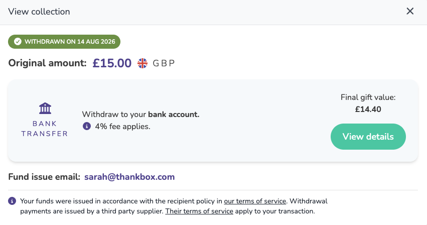 The completed withdrawal showing the date and final gift value