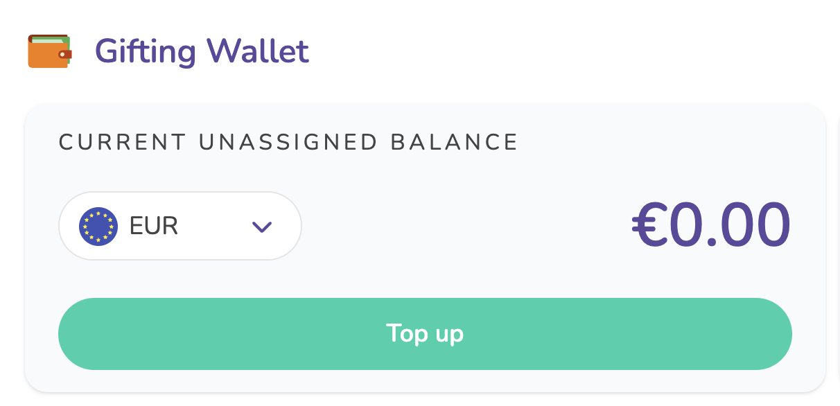The Gifting Wallet showing the current unassigned balance and the Top up button