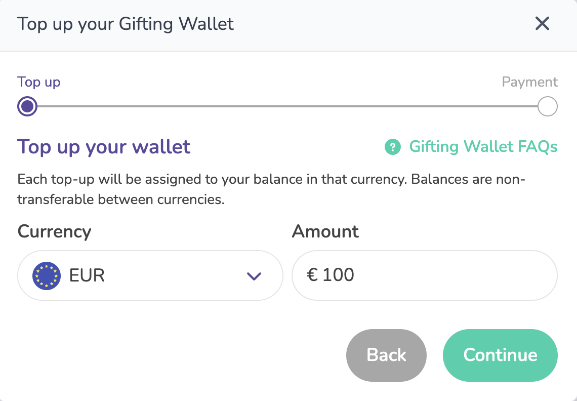 Choosing the currency and entering the top-up amount