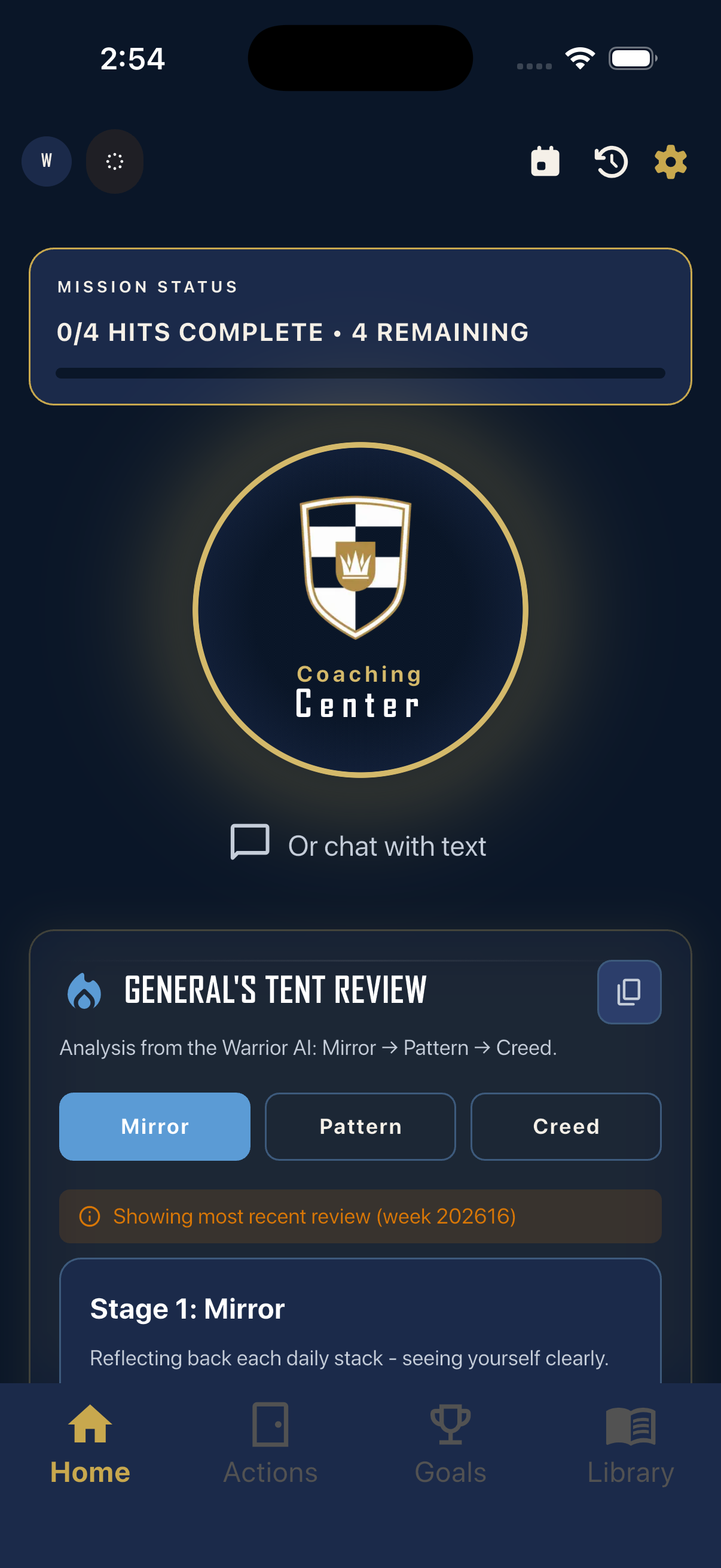 Your Daily Command Center — the home screen of the Warrior AI app.