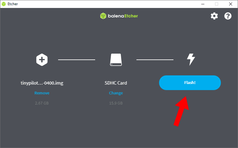 Balena Etcher software interface showing a file ready to be flashed onto an SDHC card.