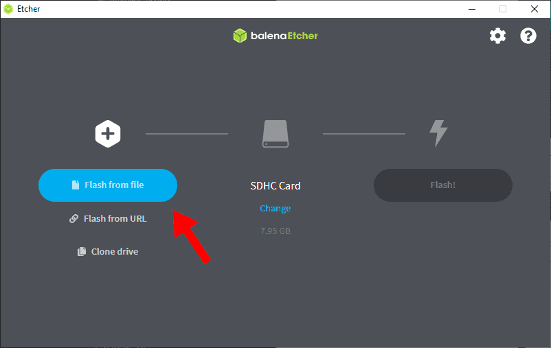 Balena Etcher software interface, highlighting flash from file button.