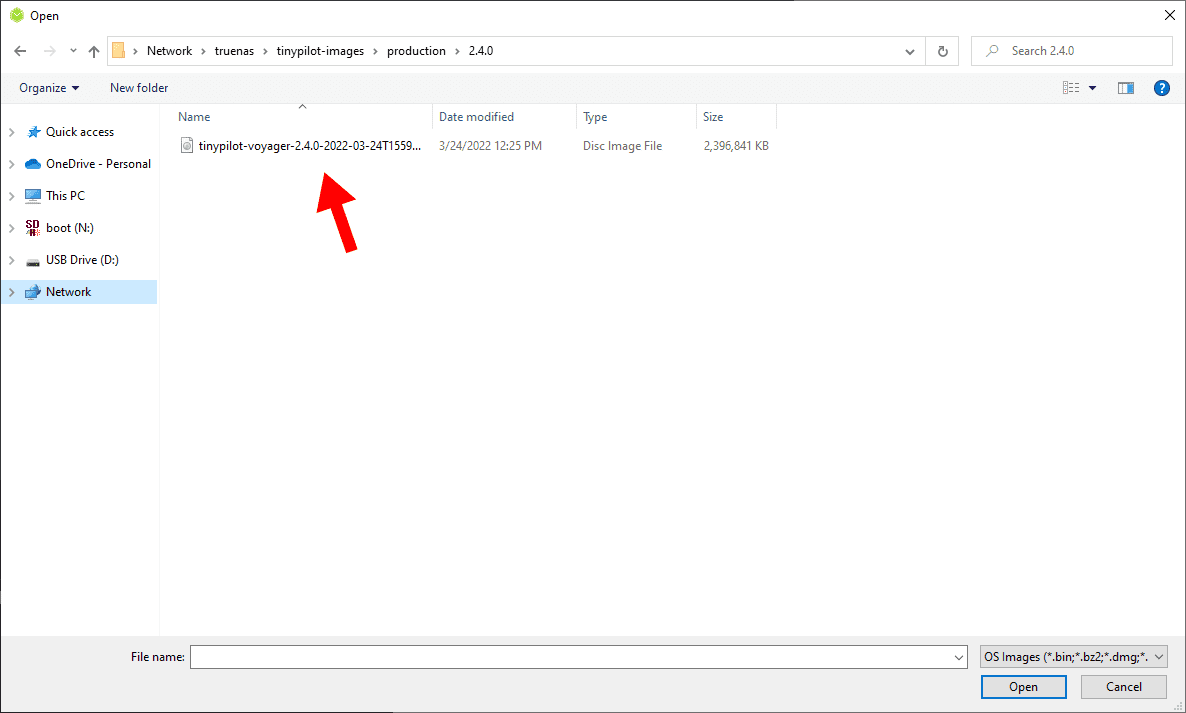 Windows File Explorer window showing a selected file for the TinyPilot Pro .img file.