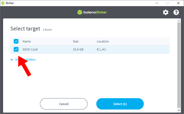 Etcher software window showing the selection of an SDHC card, 15.9 GB in size, located on drives E and H.