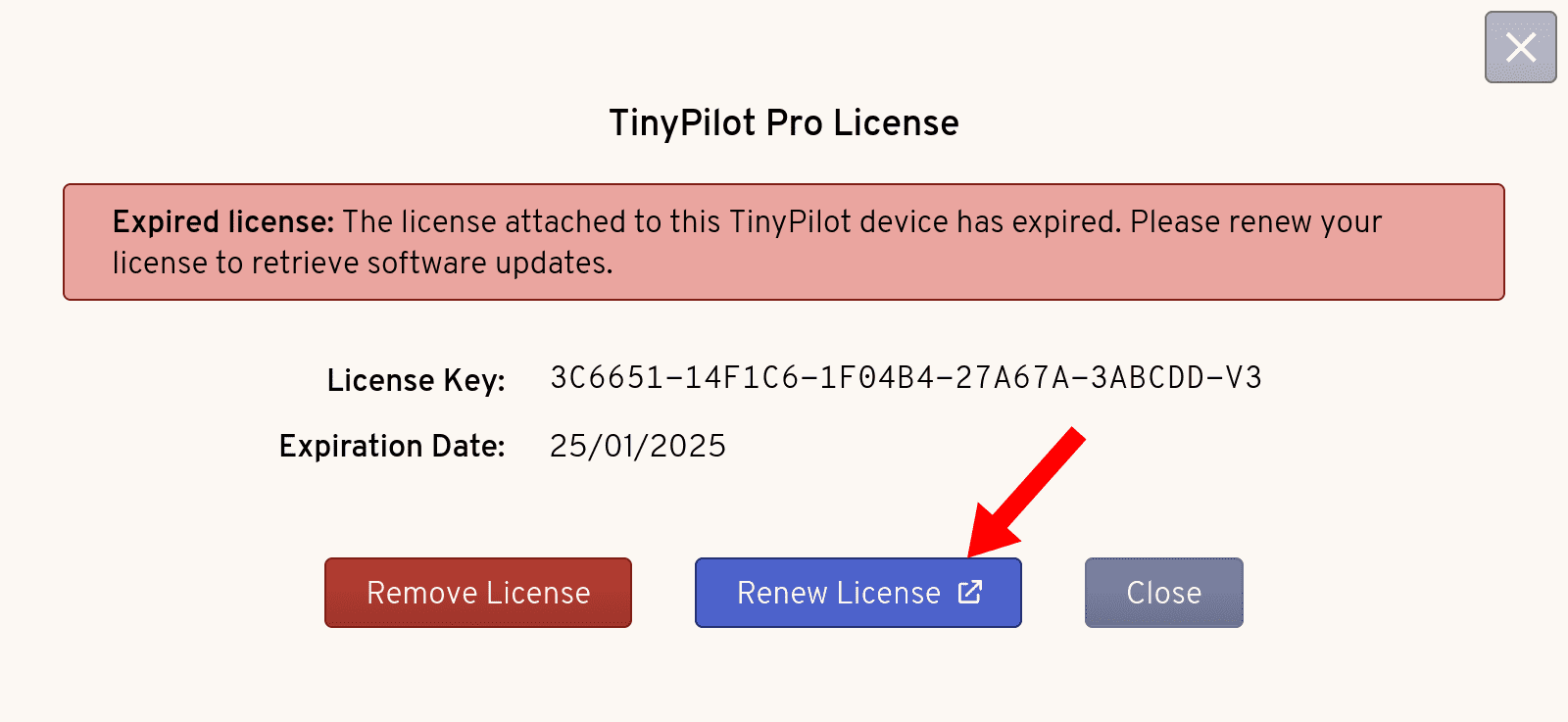 The TinyPilot License Dialog shows that the current license has expired. A red arrow points to the middle button labeled 'Renew License', which links to the TinyPilot Pro License Renewal page.