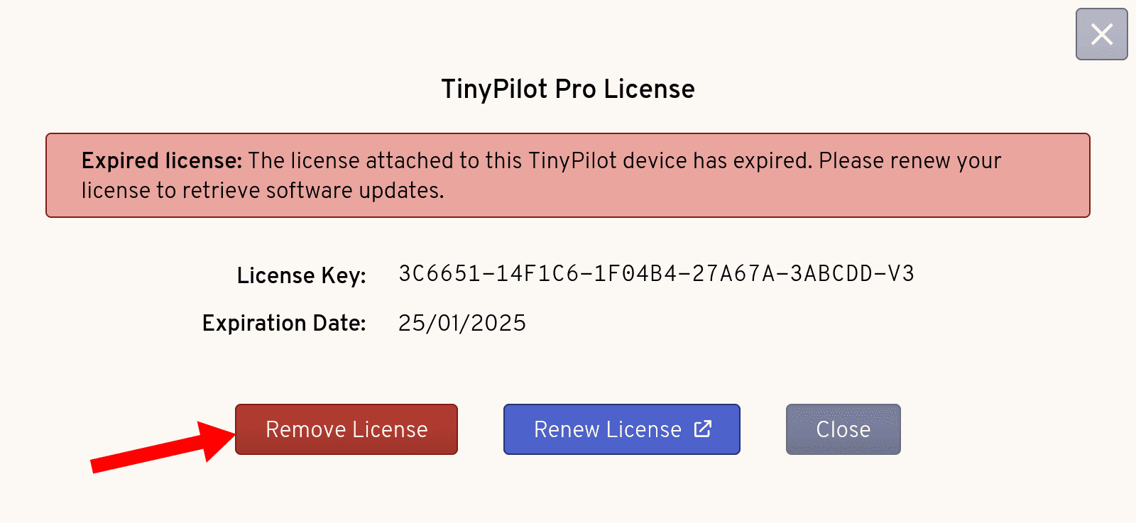 The TinyPilot License Dialog shows an expired license. A red arrow points to a red button labeled 'Remove License'.