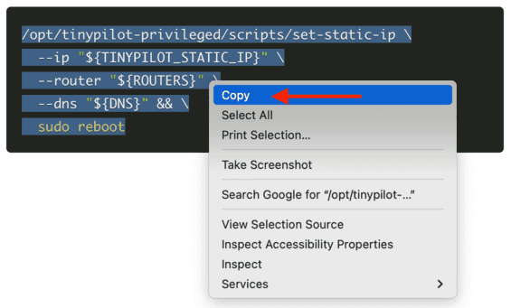 A code snippet in a TinyPilot FAQ is shown, with all the commands in the code snippet highlighted. The right-click menu has been opened, with the 'Copy' menu item highlighted, ready to be chosen.