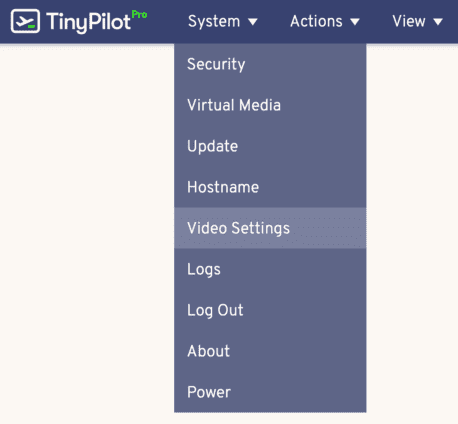 Screenshot of TinyPilot navigation bar selecting Video Settings