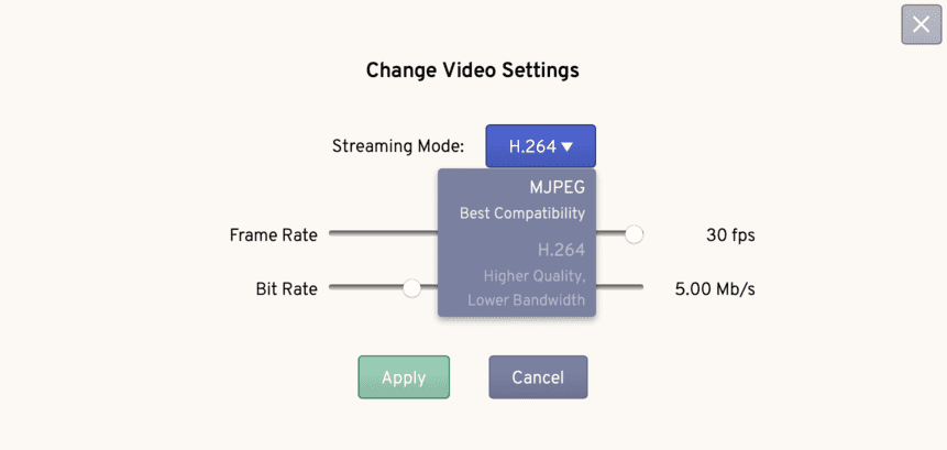 Screenshot of TinyPilot video format selection dropdown list