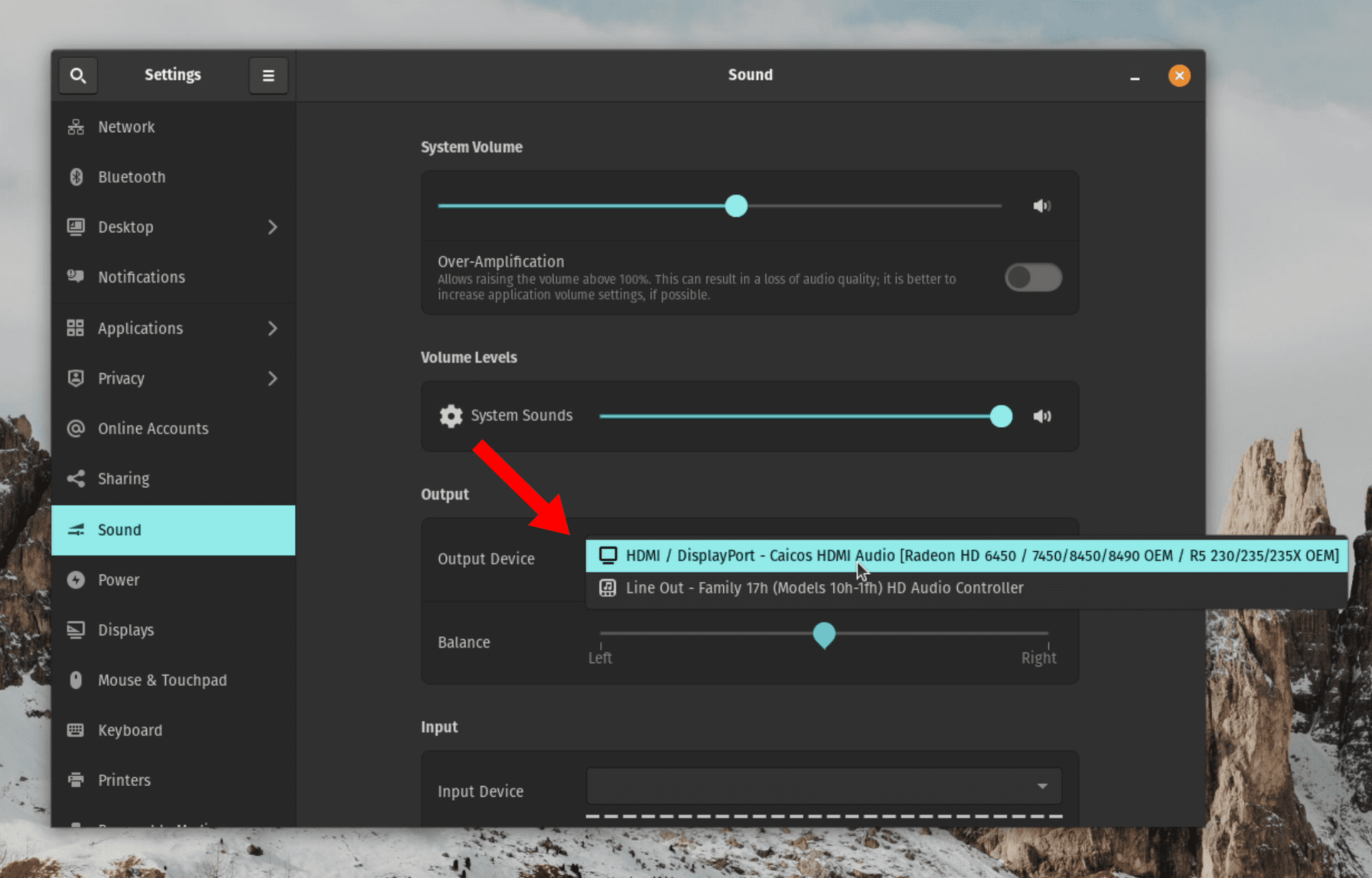 A settings window displays the computer's sound options. A cursor is selecting 'HDMI' as the output device.