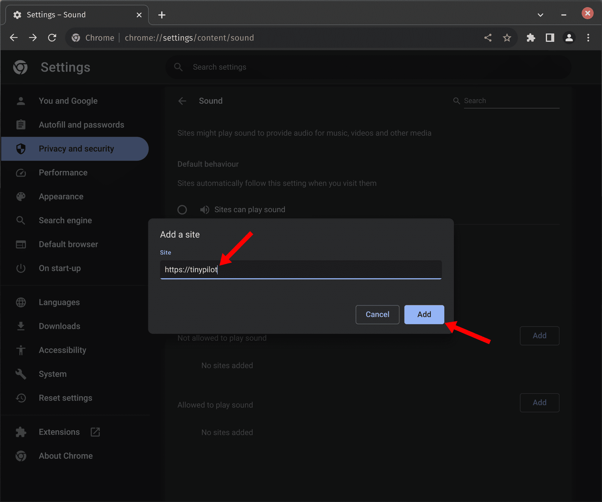 A Chrome window is open on the sound settings page. A TinyPilot URL is begin added to an overlayed text box. Red arrows point to the URL and the 'Add' button.