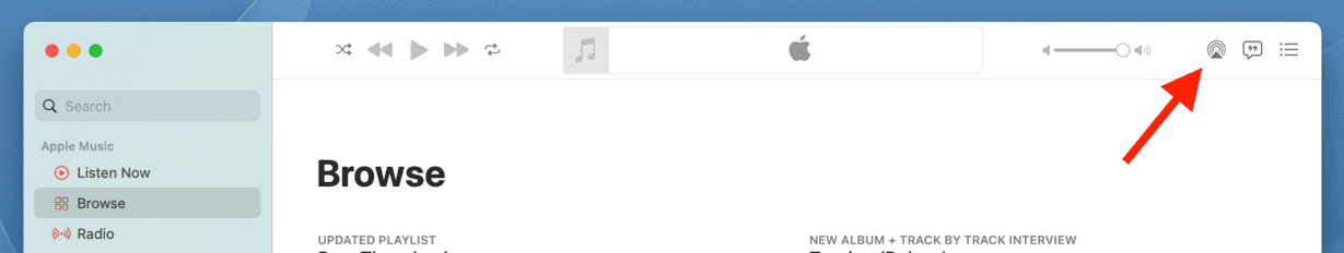 The Apple Music app is shown, with an arrow pointing to the AirPlay symbol.