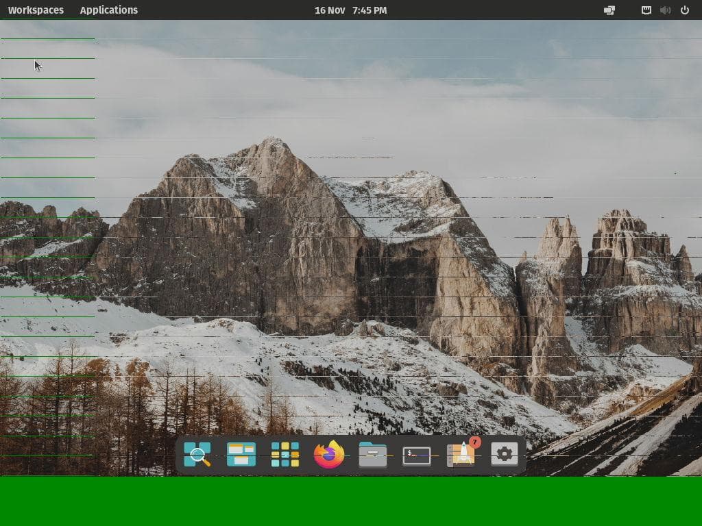 A screenshot of a PC's desktop. There are green lines evenly spaced throughout the image, and a thick green bar at the bottom of the desktop.