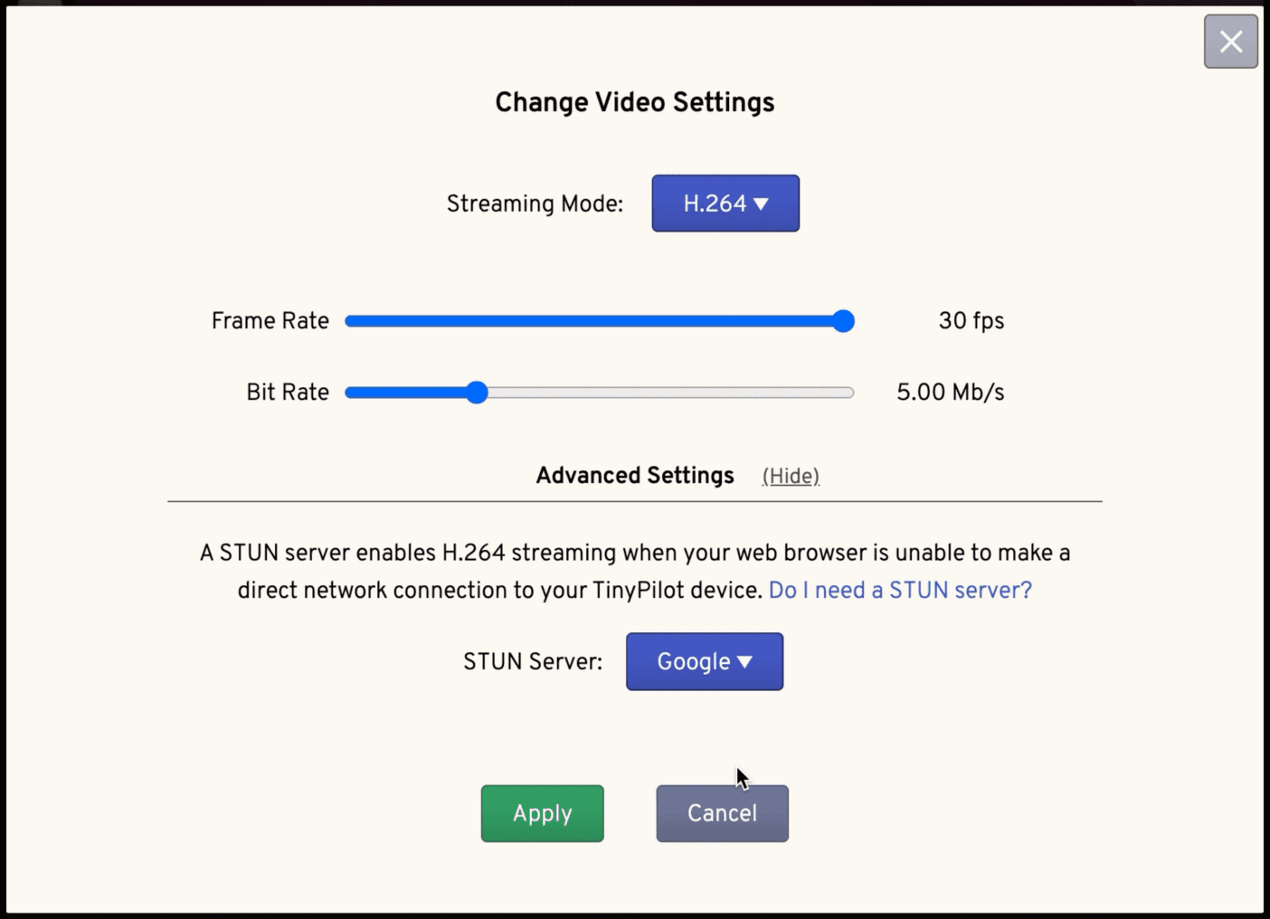 The TinyPilot video settings window is displayed. The 'Google' option is selected and ready to be enabled.