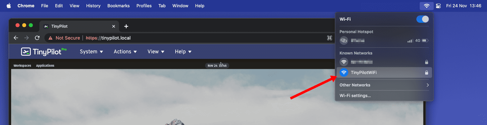 A TinyPilot web interface is open in a browser, showing the desktop of the PC connected to TinyPilot. The Wi-Fi network list is open on the client machine, showing that it's connected to the TinyPilotWiFi network. A red arrow points to the TinyPilotWiFi network.