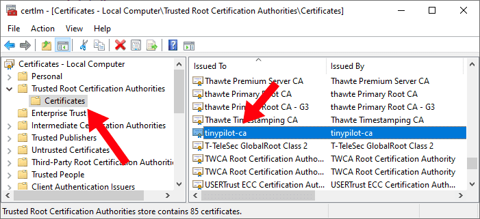 Screenshot of certificate manager showing Trusted Root Certification Authorities > Certificates in the left panel and tinypilot-ca selected in the right panel