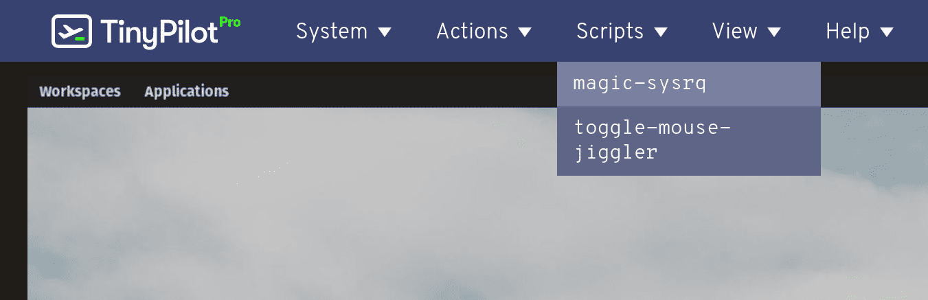 The TinyPilot web interface is open, showing the Scripts menu.
