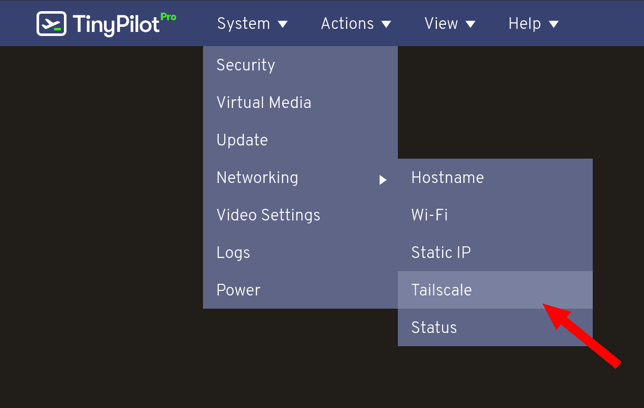 Navigating to TinyPilot's Tailscale menu
