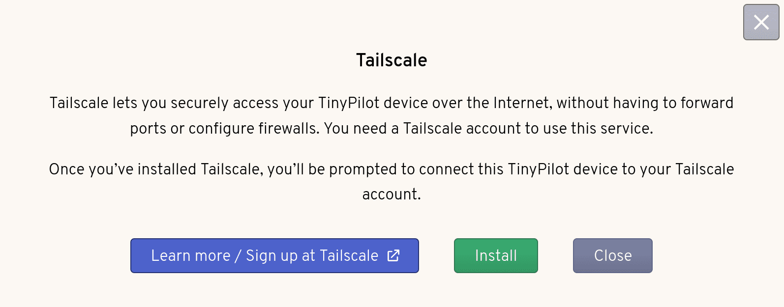 TinyPilot Tailscale dialog with install button