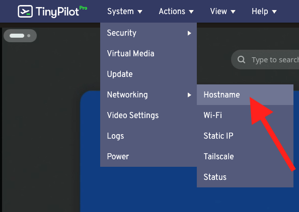 The TinyPilot web application with Hostname highlighted within the Security and Networking submenus.